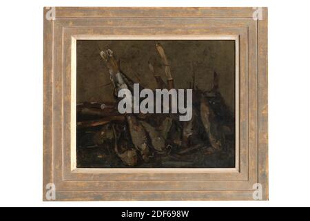 painting, Floris Verster, 1917, Signature front, bottom left: Floris Verster '17, canvas, oil paint, painted, Carrier: 34 × 41.5 × 2cm 340 × 415 × 20mm, With frame: 49.5 × 57.5 × 4, 5cm 495 × 575 × 45mm, still life, Still life with dahlia tubers. For a gray-brown background, a number of dahlia tubers with some stems protruding diagonally to the left lie on a dark green table top. Signed bottom left. The painting is in a gold-colored wooden frame with a white-painted inner edge, 1947 Stock Photo