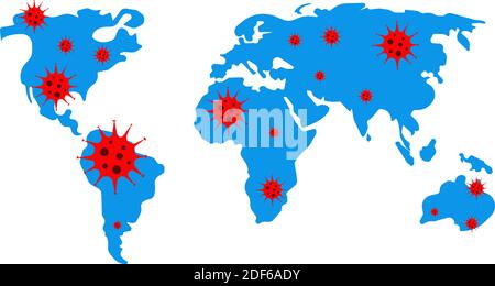 Blue world map with foci of caronovirus. Stock Vector