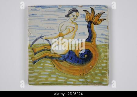 wall tile, Anonymous, approx. 1600, tin glaze, earthenware, General: 13.2 x 13.2 x 1.3cm (132 x 132 x 13mm), mermaid, sea, rotterdam, northern netherlands, Wall tile of gaardwerkg, covered with white tin glaze . Multicolored painted in blue, green, orange and purple, with a blue pull. The tile depicts a sea creature with the legs of a cow and a dolphin tail. The sea creature is used to the left and holds a rope in his hands, 1985 Stock Photo