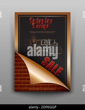 design banner with hand drawn elements, background of furniture and interior store of apartments. Template for promotion, sale, ads, banners and Stock Vector