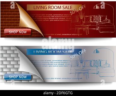 Set of design banner, hand drawn elements, background of furniture and interior store of apartments. Template for promotion, sale, ads, banners and Stock Vector