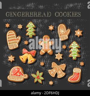 Big illustration set of cute gingerbread cookies. Stock Vector