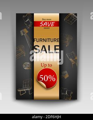 design banner with hand drawn elements, background of furniture and interior store of apartments. Template for promotion, sale, ads, banners and Stock Vector