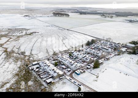 Tarbrax, South Lanarkshire, Scotland. 3rd Dec 2020. Weather: Aerial view of Tarbrax village, South Lanarkshire under a blanket on snow. Scotland, UK. 3rd December, 2020.    Credit: Ian Rutherford/Alamy Live News. Stock Photo