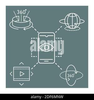 augmented reality, smartphone rotation 360 degree simulation vector illustration line style Stock Vector