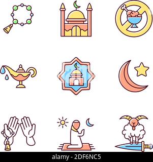 Muslim religious traditions RGB color icons set Stock Vector