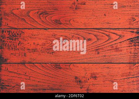 above view old stained red wooden table background Stock Photo