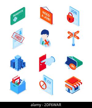 Unemployment and crisis - modern colorful isometric icons set. HR and job search idea. Fired sign, no money in a purse, house for rent, rejected resum Stock Vector
