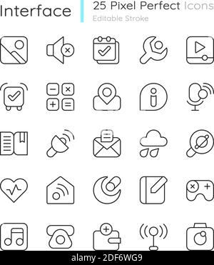 Interface pixel perfect linear icons set Stock Vector
