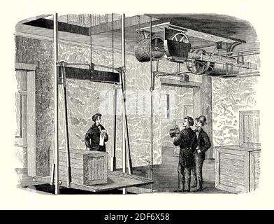 An old engraving of a rope elevator (lift or hoist) together with a ...