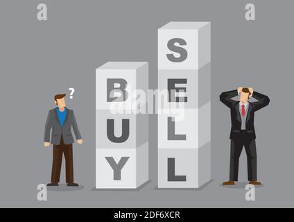 Two businessmen standing beside blocks with alphabets that form words Buy and Sell. Cartoon vector illustration on making buy and sell decision in bus Stock Vector