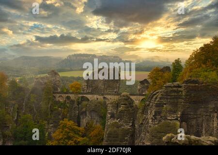 The bastion with the bastion bridge in Saxon Switzerland is a unique natural wonder in Germany Stock Photo