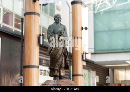 Statue of Gyoki (668–749),  Japanese Buddhist priest of the Nara period, in front of Kintetsu Nara Station, Nara City, Nara Prefecture, Japan Stock Photo