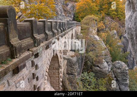 The bastion with the bastion bridge in Saxon Switzerland is a unique natural wonder in Germany Stock Photo