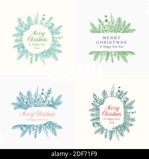 Merry Christmas Abstract Botanical Logos or Cards with Frame Banner and Modern Typography Collection. Hand Drawn Spruce or Pine Branches and Flowers Stock Vector