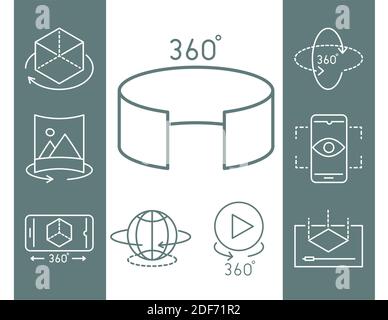 augmented reality icons set interactive simulation 360 degree view vector illustration line style Stock Vector