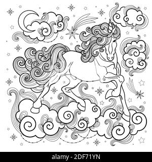 A beautiful unicorn among the clouds and stars. Black and white image. Hand drawn style. Monochrome sketch vector. For coloring, prints, posters Stock Vector