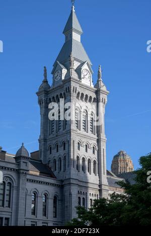 Erie County Hall tower, with Buffalo City Hall in the background. Stock Photo