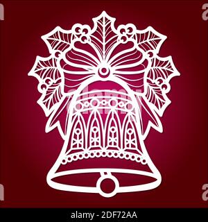 Template for laser cutting. Christmas bell with ribbon and holly. For the design of postcards, menus, Christmas tree decorations, interior elementsю Stock Vector