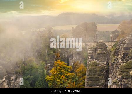 The bastion with the bastion bridge in Saxon Switzerland is a unique natural wonder in Germany Stock Photo