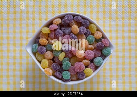 Rowntrees Jelly Tots sweets  in bowl on serviette napkin Stock Photo
