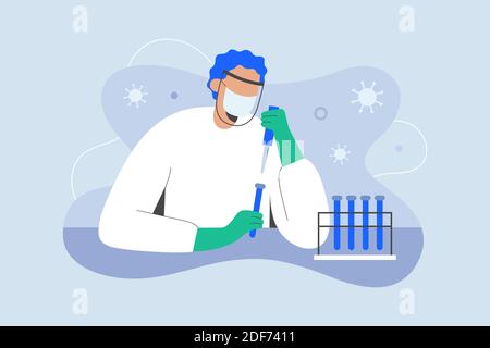 Developing coronavirus vaccine. Scientist working on Antiviral drug against covid in laboratory wearing mask and gloves, chemical medical research Stock Vector