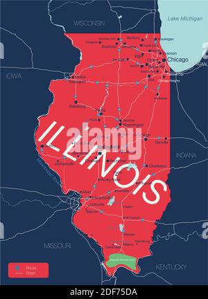 Illinois state detailed editable map with with cities and towns, geographic sites, roads, railways, interstates and U.S. highways. Vector EPS-10 file, Stock Vector