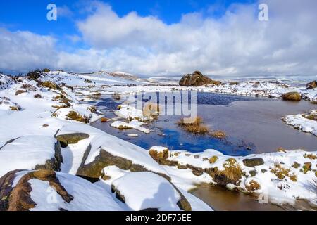 Doxeys Pool on the Roaches ridge in winter snow, the Peak District National Park, UK Stock Photo
