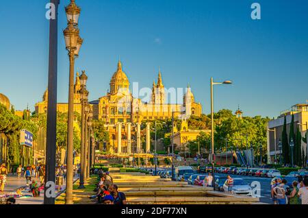 Barcelona, Spain, June 12, 2017: Palau Nacional or National Palace of Montju c and National Art Museum of Catalonia with Four Columns or Les Quatre Co Stock Photo