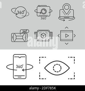 augmented reality icons set simulation, panorama view, 360 degree vector illustration line style Stock Vector