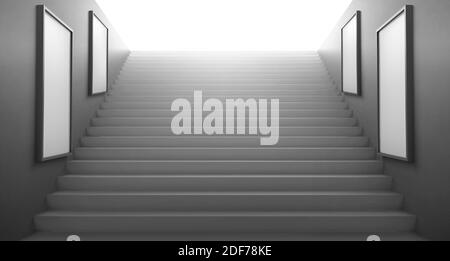 3d stairs going to light and empty white LCD screens for advertising on walls. Exit from underground or subway, staircase construction, ladder building architecture, Realistic vector illustration Stock Vector