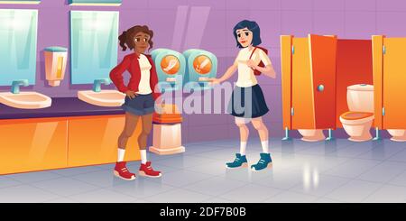 Girls in public toilet with tampon and pads vending machines. Vector cartoon interior of school restroom, lavatory with wc bowl, sink and mirrors. Young woman with menstruation in female lavatory Stock Vector