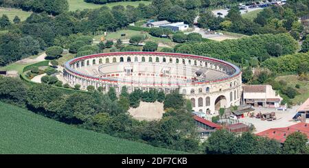 France, Vendee, Les Epesses, Le Puy du Fou historical theme park, the arena (aerial view) Stock Photo