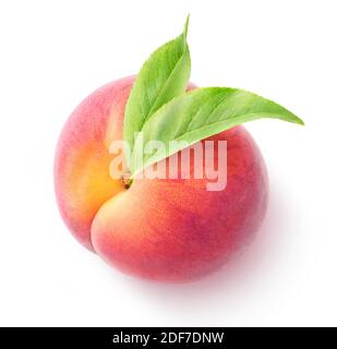 Fresh peach fruit top view with leaves isolated on white background Stock Photo