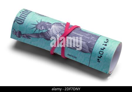 Tax Refund Check Rolled Up with Red Rubber Band. Stock Photo