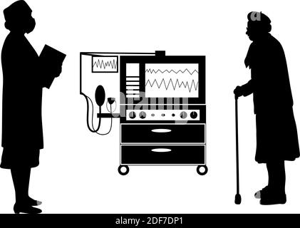 Silhouettes of grandmother and doctor at apparatus for lung. Illustration symbol icon Stock Vector