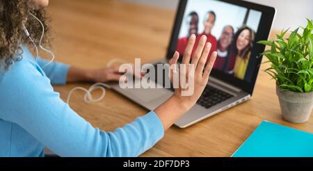 Happy Afro family having video call with laptop cam during corona virus outbreak Stock Photo