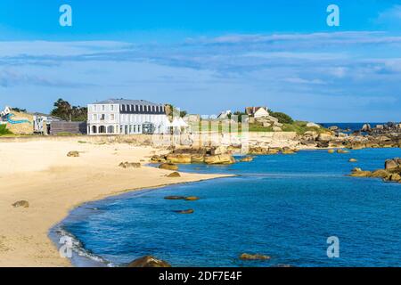 France Finistere Legendes Coast Brignogan Plages Chardons Bleus Beach And Hotel De La Mer Along The Gr 34 Hiking Trail Or Customs Trail Stock Photo Alamy