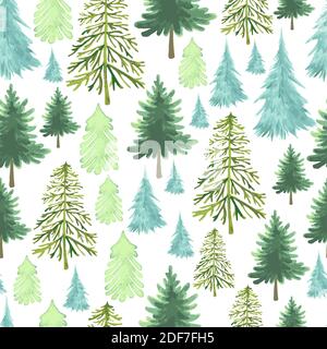 Festive Christmas Trees seamless pattern, different forms of species trees, watercolor green and blue color, as symbol Happy New Year, Merry Christmas Stock Vector