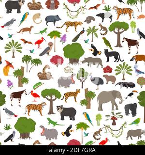 Tropical and subtropical rainforest biome, natural region seamless pattern. Amazonian, African, asian, australian rainforests. Animals, birds and vege Stock Vector
