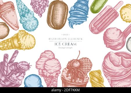 Design with pastel colored ice cream bowls, ice cream bucket, popsicle ice cream, ice cream cones, ice cream scoop, ice cream balls Stock Vector
