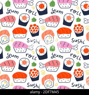 Sushi rolls pattern, seafood illustration, philadelphia, maki and nigiri, yummi japanese food with salmon and shrimp, cute doodle art, seamless vector Stock Vector