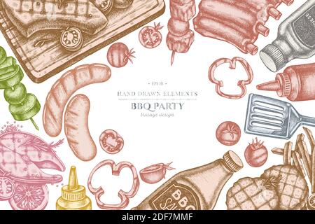 Design with pastel colored spatula, Pork ribs, kebab, sausages, steak, sauce bottles, grilled burger patties, grilled tomato, grilled salmon steak Stock Vector