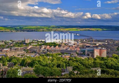 Dundee and the river Tay railway bridge seen from the Law hill looking towards the Fife bank. Stock Photo