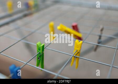 Multicolored: red, yellow, green, blue clothespins on the rack,background image ,text betting dryer and clothespins for linen Stock Photo