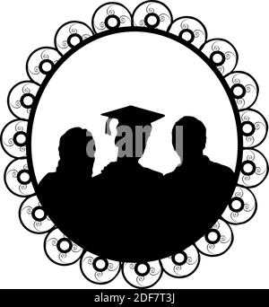 Silhouette in frame young male graduate hugging his parents. Illustration symbol icon Stock Vector