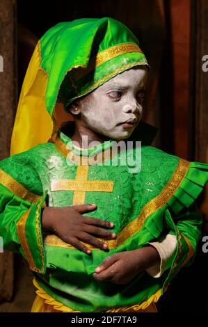 Gabon, Libreville, portrait of a girl with traditional makeup and clothes during Bwiti ceremony Stock Photo