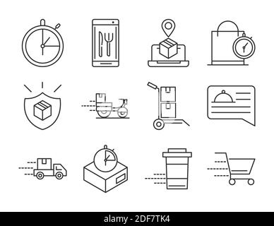 delivery service food restaurant cargo shipment shopping icons set vector illustration line style Stock Vector