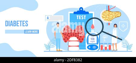 Diabetes mellitus, type 2 diabetes and insulin production concept vector. Landing page with magnifier and blood glucose testing meter, doctors, artery Stock Vector