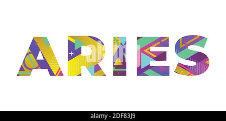 The word ARIES concept written in colorful retro shapes and colors illustration. Stock Vector